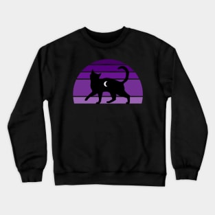 Purple Retro sunset Cute Black Cat Crewneck Sweatshirt